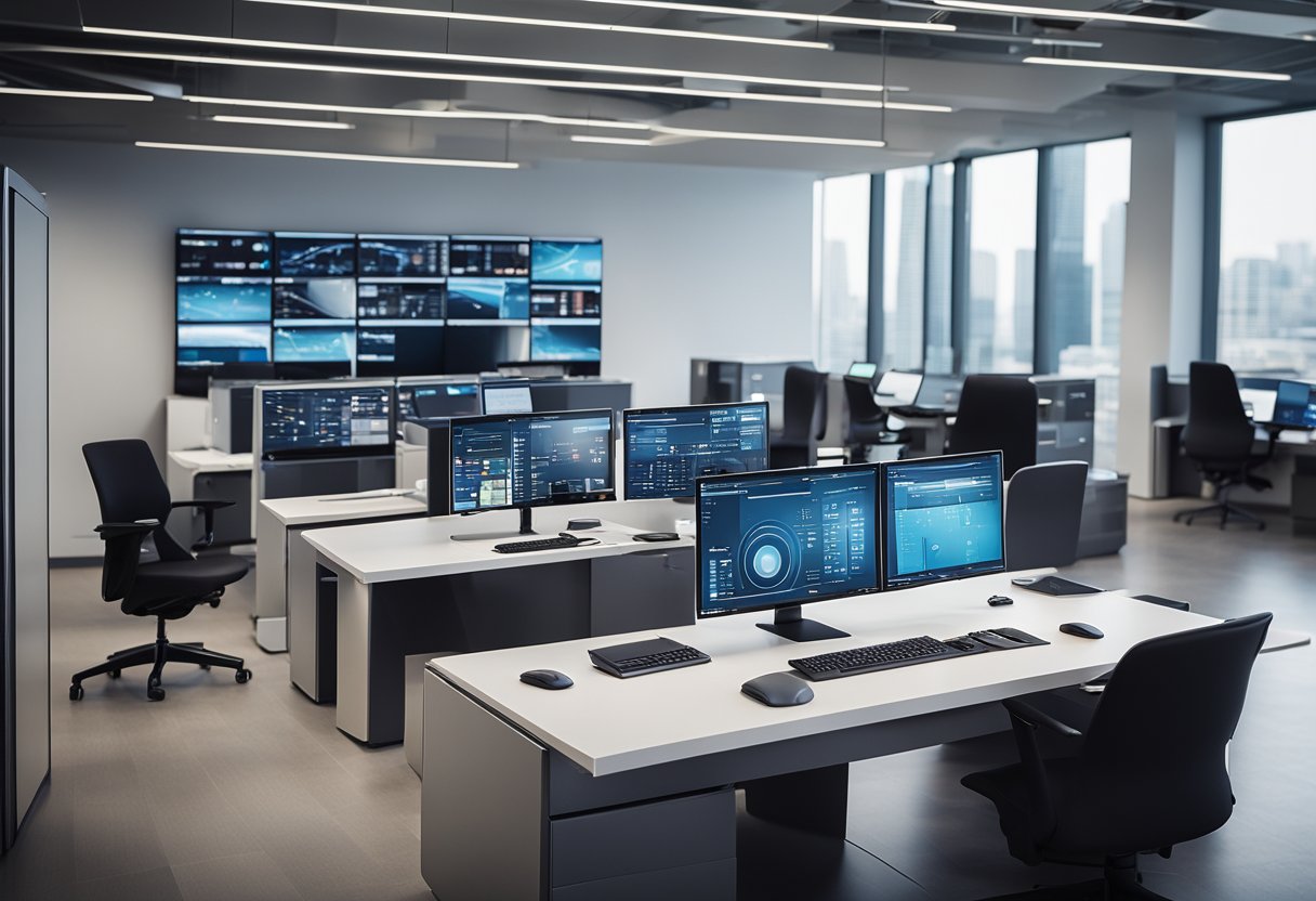 A modern office setting with digital screens and devices, depicting the integration of technology in private markets asset management