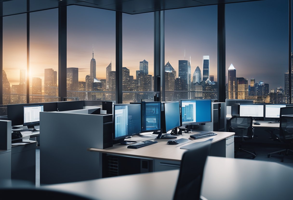 A modern office with a view of a city skyline, featuring a computer network, servers, and backup systems in place for asset management