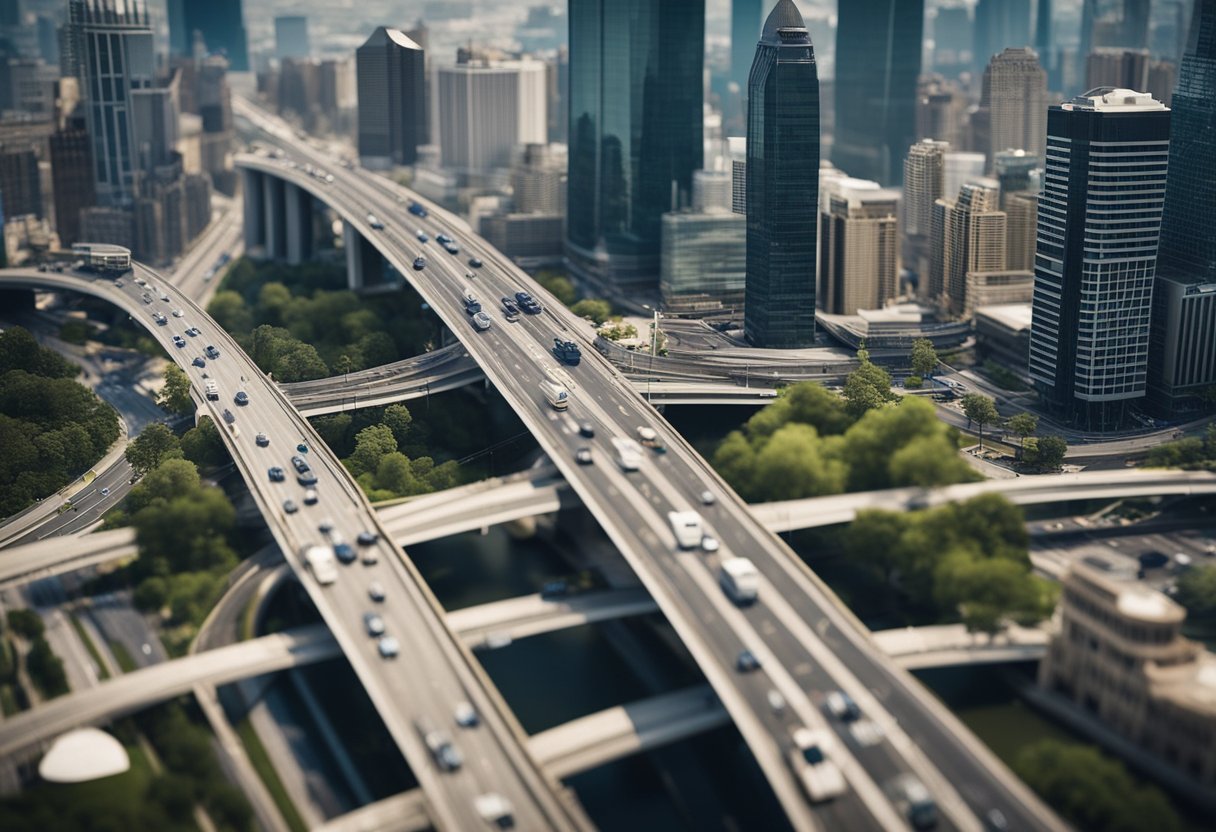 A bustling city skyline with a mix of modern skyscrapers and historic buildings, surrounded by a network of roads and bridges, symbolizing the importance of business continuity planning in asset management