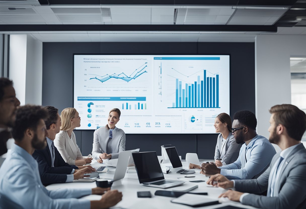 A group of professionals discussing business continuity planning in a modern office setting with charts and graphs displayed on a large screen