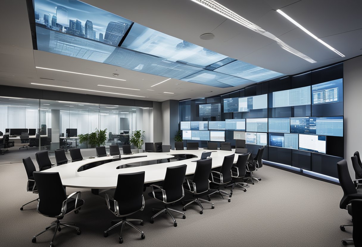 A sleek, modern office space with a large conference table surrounded by professionals engaged in a discussion about business continuity planning and asset management. Multiple computer screens display data and charts
