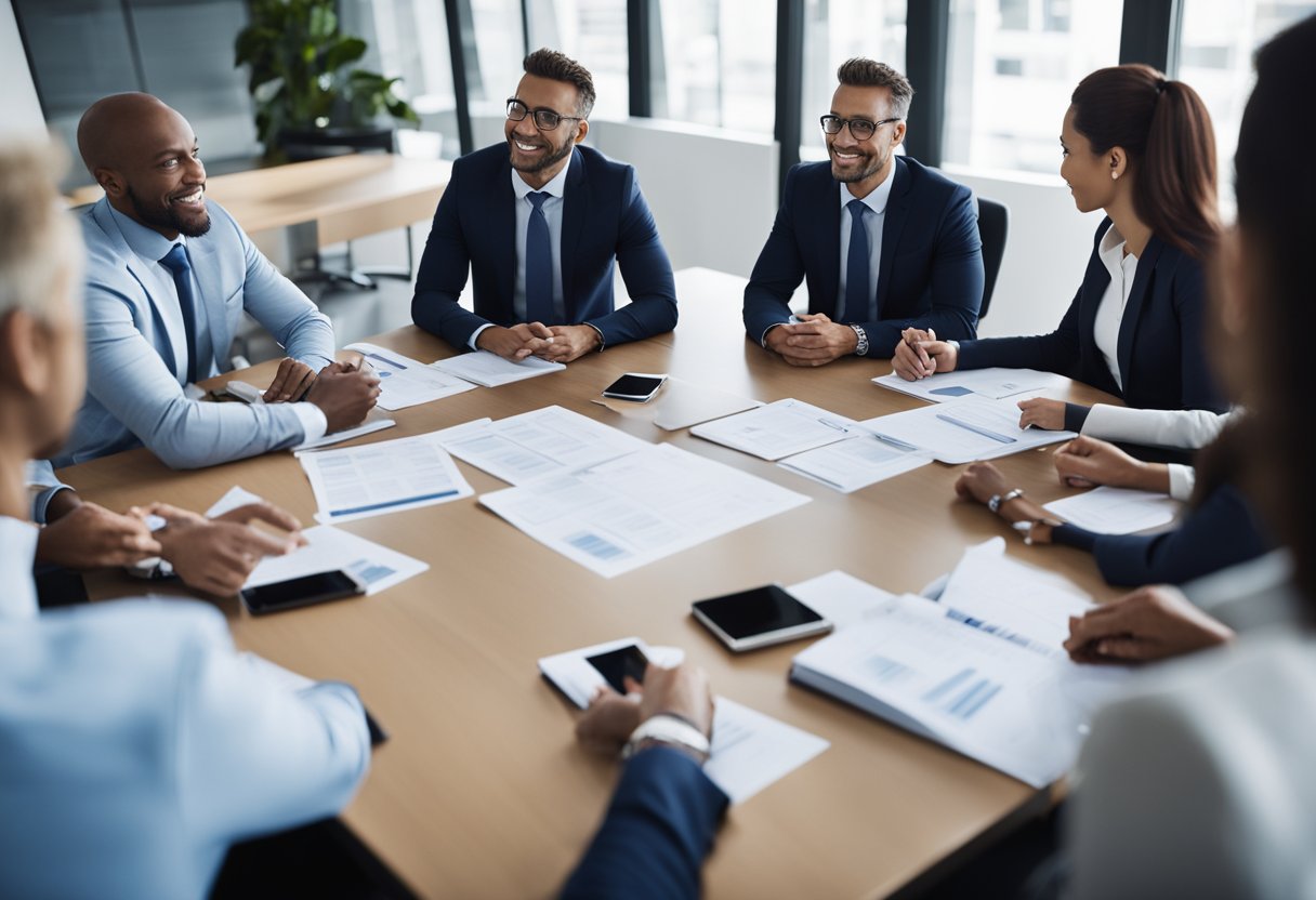 A group of business professionals gather around a conference table, discussing and planning for business continuity in asset management