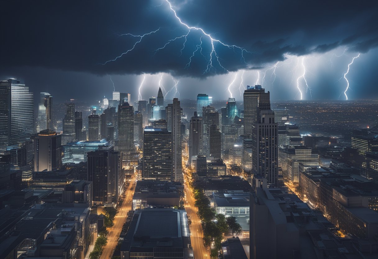 A bustling city skyline with various buildings, each representing a different aspect of asset management, surrounded by storm clouds and lightning, highlighting the need for business continuity planning