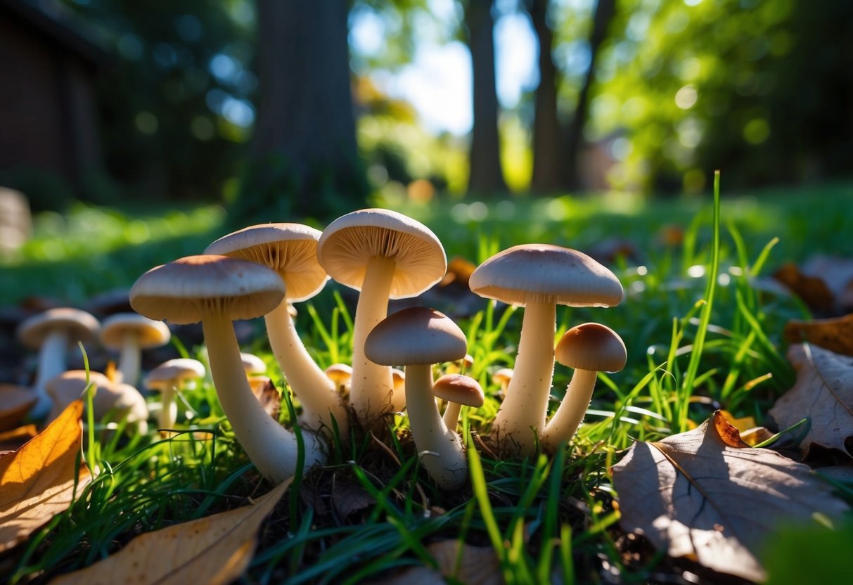 Mushrooms sprout among damp grass and fallen leaves in a shaded yard. Sunlight filters through the trees, casting dappled shadows on the fungi