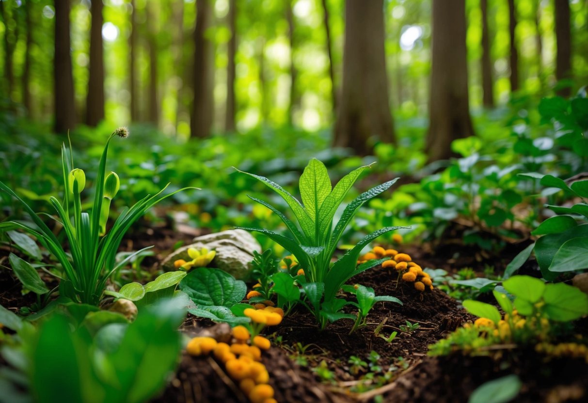 A lush forest floor with diverse plant life, as bacteria and fungi decompose organic matter, enriching soil and supporting ecosystem health