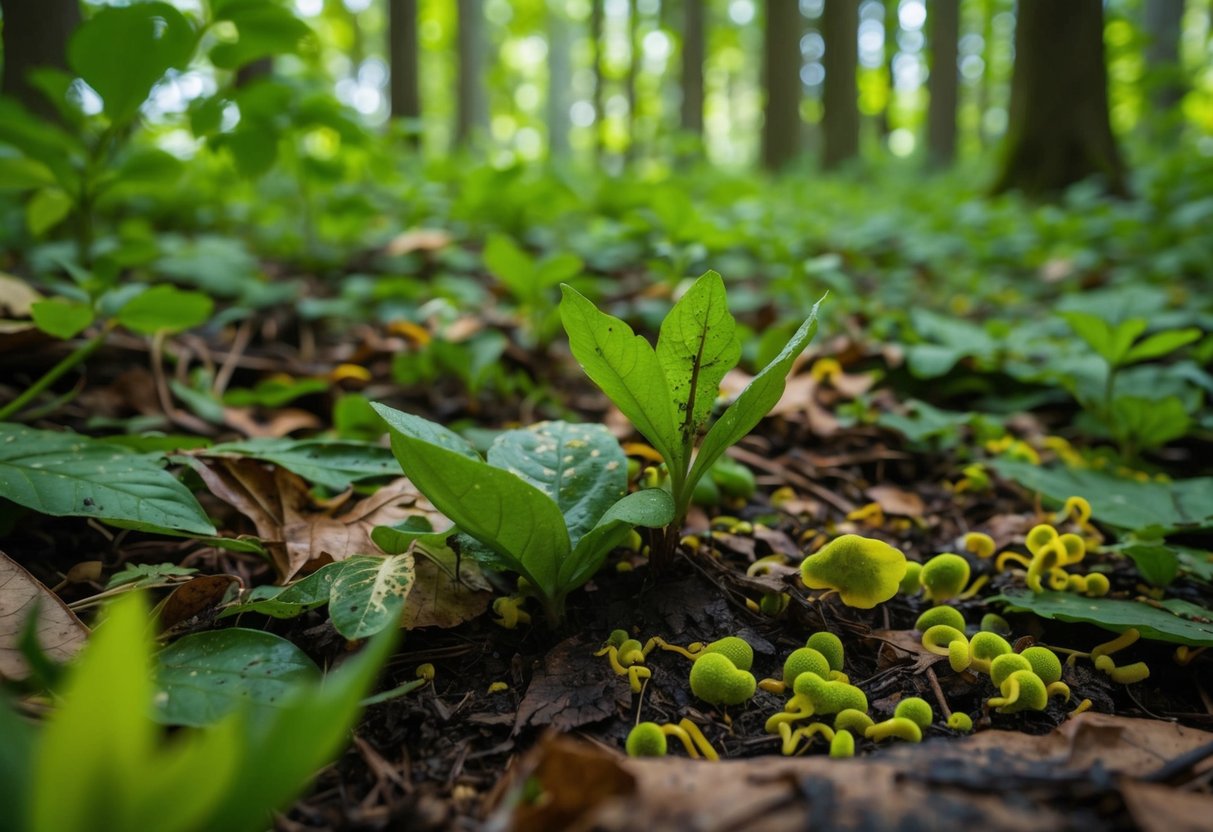 A lush forest floor with decomposing leaves and plant matter, teeming with microscopic bacteria and fungi breaking down organic material