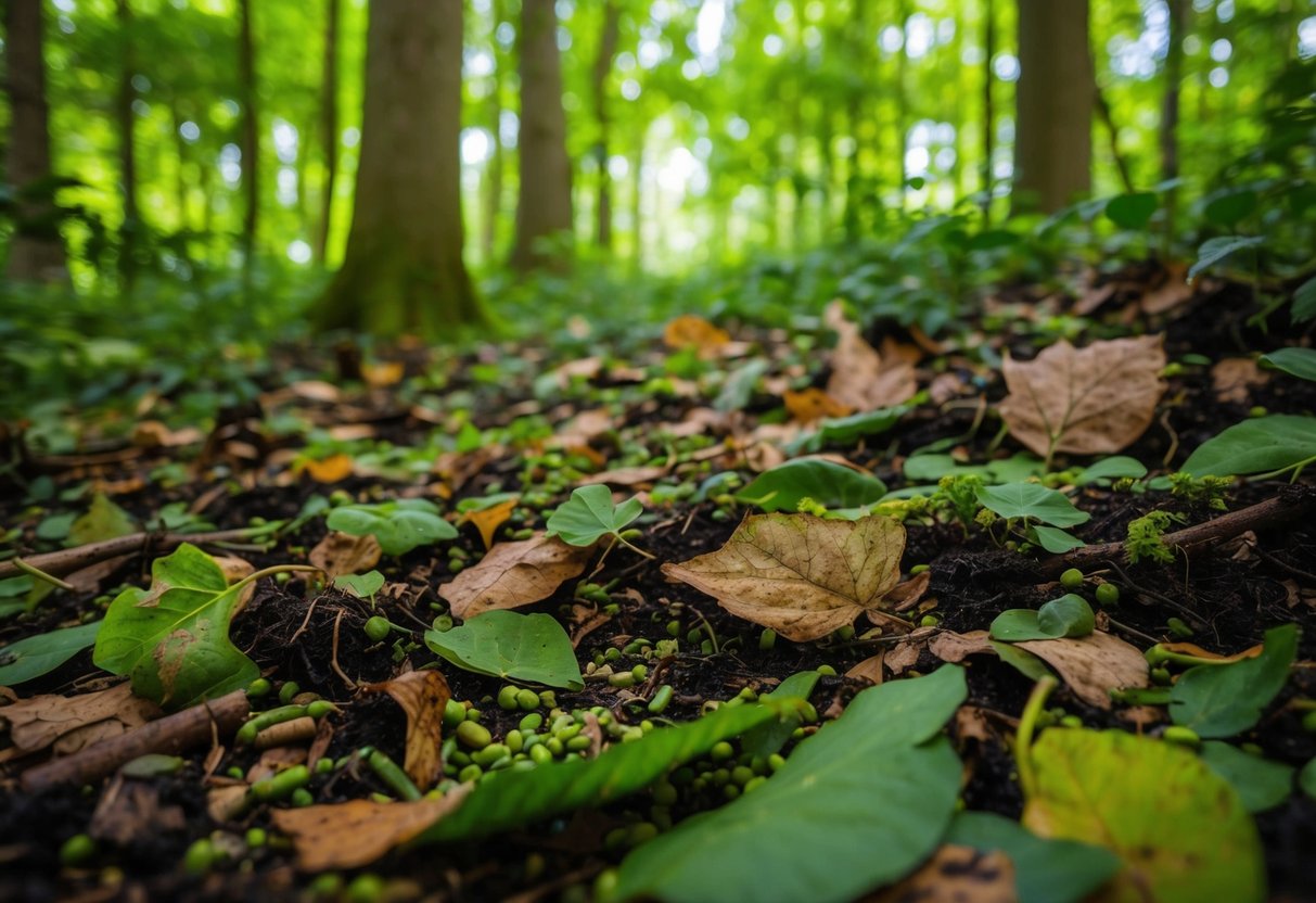 A lush forest floor teeming with decomposing leaves and organic matter, showcasing the vital role of bacteria and fungi in breaking down and recycling nutrients in the environment