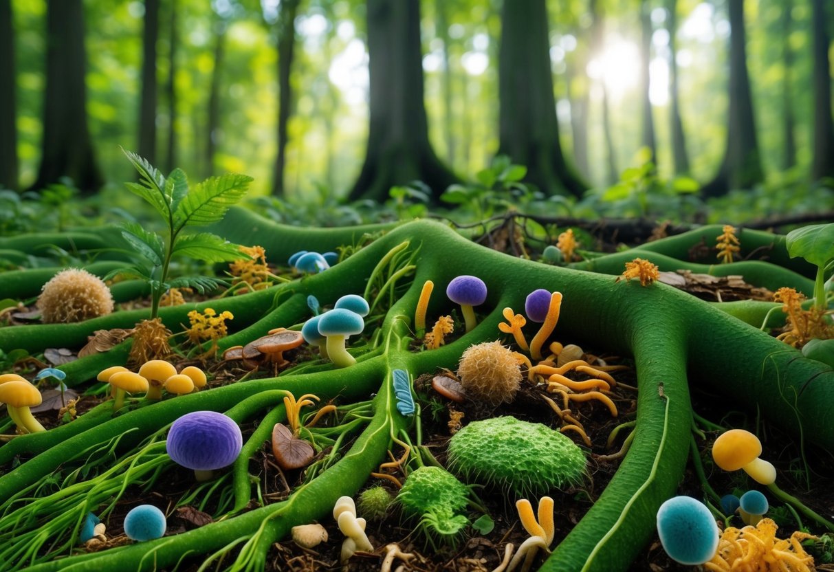 A lush forest floor teeming with diverse bacteria and fungi, interacting with plant roots and decomposing organic matter, illustrating their crucial role in the environment