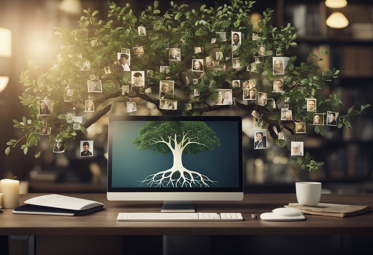 A family tree growing from a computer, with branches reaching out to photos of ancestors, DNA test results, and historical records