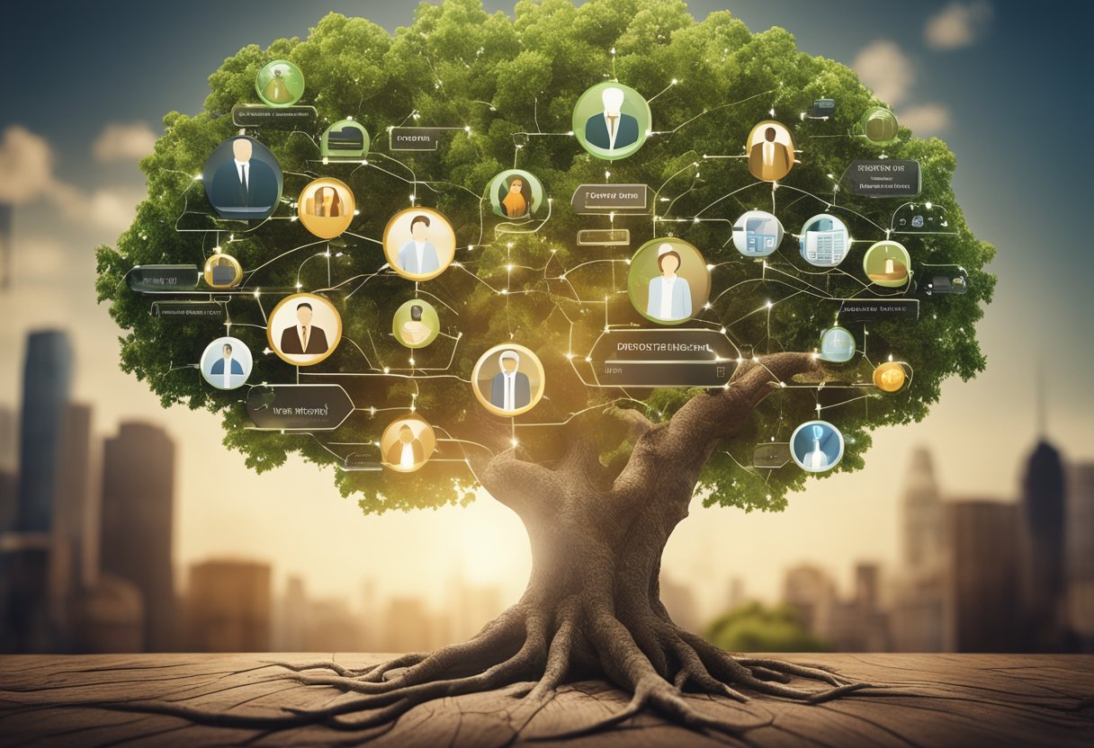 A family tree branching out with roots connected to a database, surrounded by icons representing the benefits of using MyHeritage for genealogy research