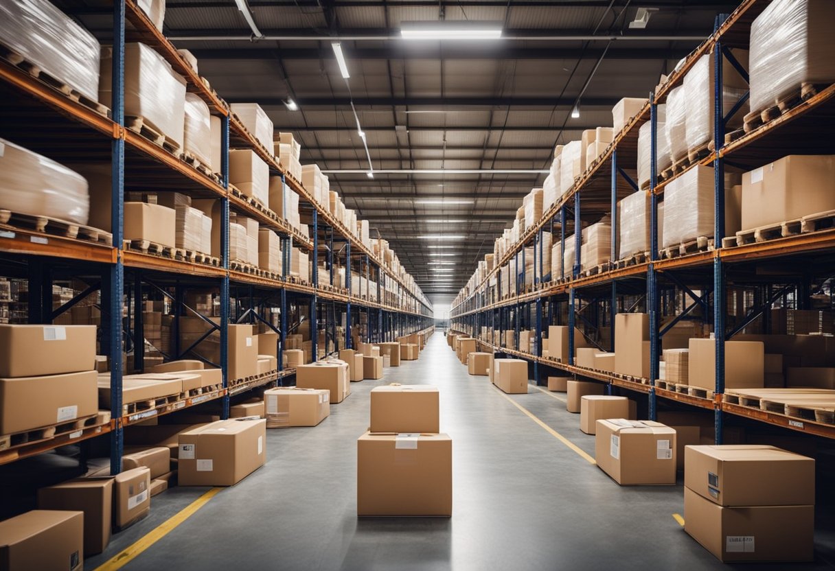 A bustling e-commerce warehouse with packages being labeled and sorted, as ShipEngine software optimizes shipping routes and reduces costs