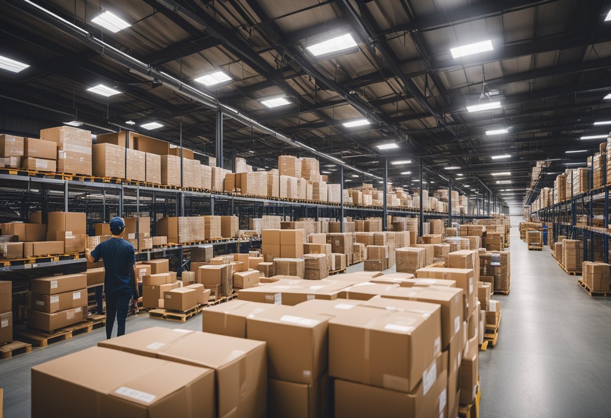 A bustling e-commerce warehouse with packages being efficiently processed and labeled using ShipEngine software, saving on shipping costs