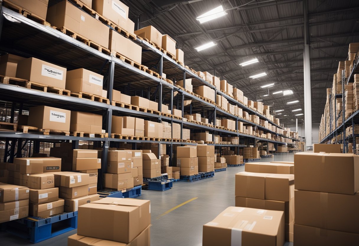 A bustling e-commerce warehouse with packages being efficiently processed and labeled for shipment, while a ShipEngine logo is prominently displayed on the shipping station