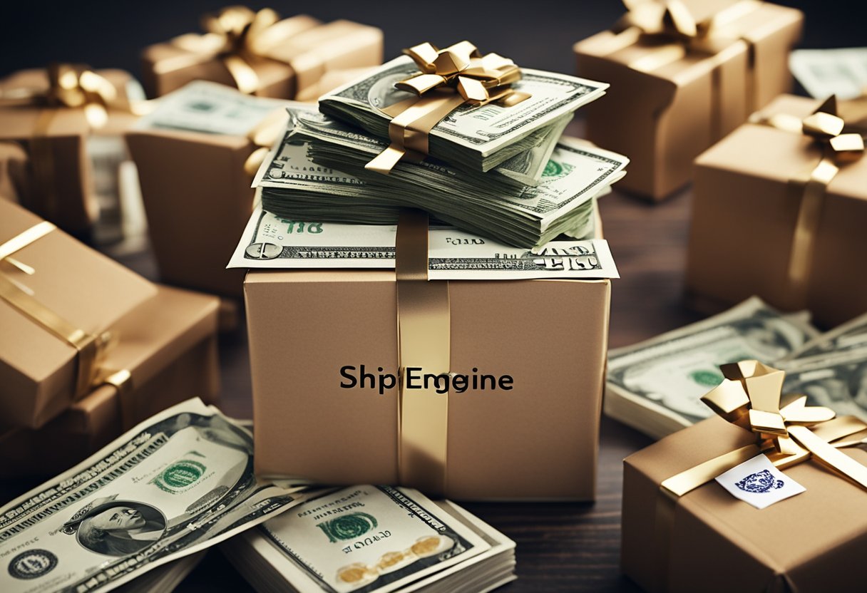 A stack of shipping boxes labeled with "ShipEngine" surrounded by money symbols and a scale, demonstrating cost savings for e-commerce businesses