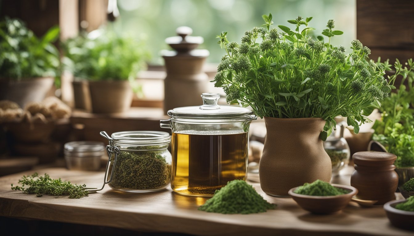 A rustic kitchen with a pot of herbal infusion, featuring alfalfa, red clover, and burdock root for hemoglobin support