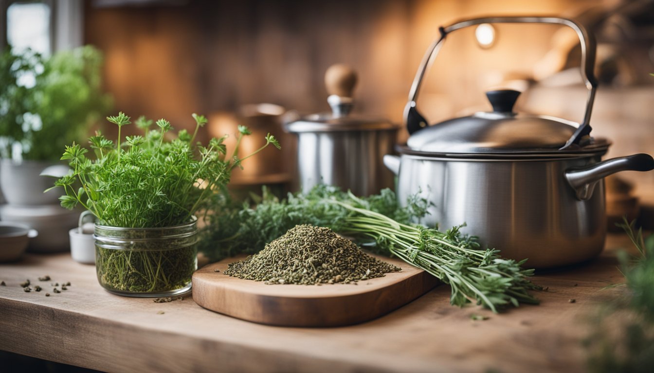 A rustic kitchen with a steaming pot of herbal infusion, featuring iron-rich herbs like alfalfa, red clover, and burdock root