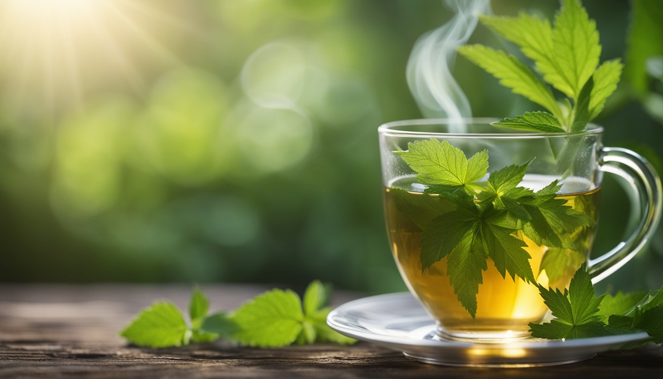 A steaming cup of nettle tea sits among fresh nettle leaves, exuding tranquility and health benefits