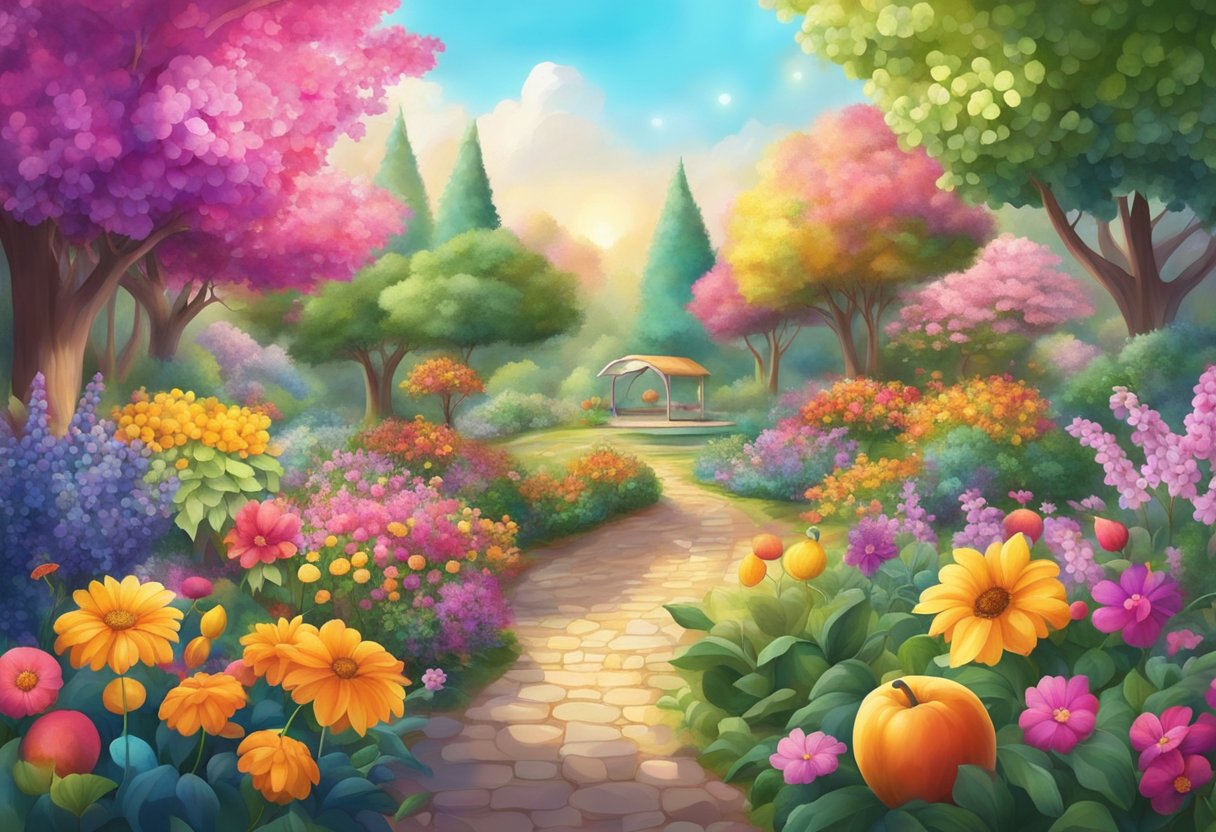 A vibrant garden bursting with colorful flowers and ripe fruit, surrounded by a shimmering aura of positivity and potential