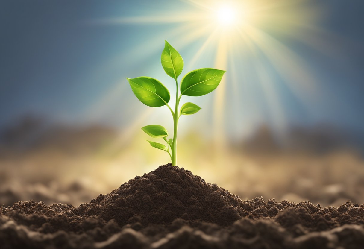A sprouting seedling breaking through the soil, reaching towards the sunlight, symbolizing personal growth and self-discovery