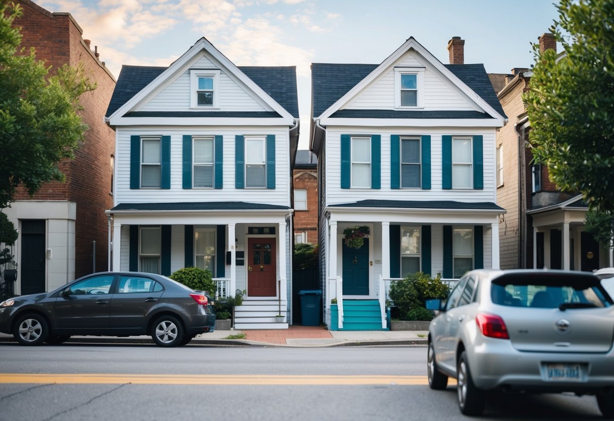 A bustling city street with two houses close together, a mailbox in front, and a car parked out front