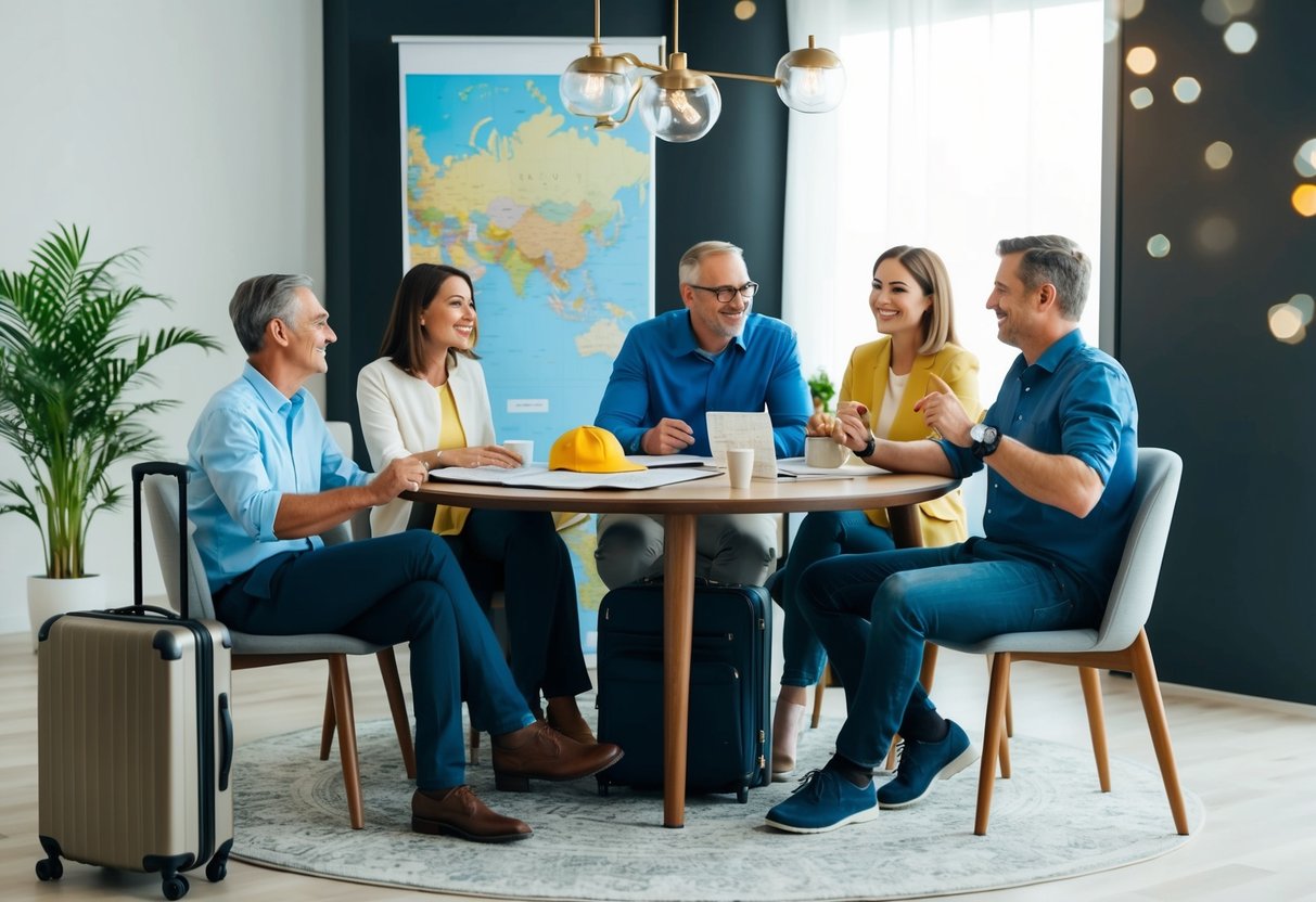 A family sitting around a table, engaged in lively conversation, with a map and suitcases nearby