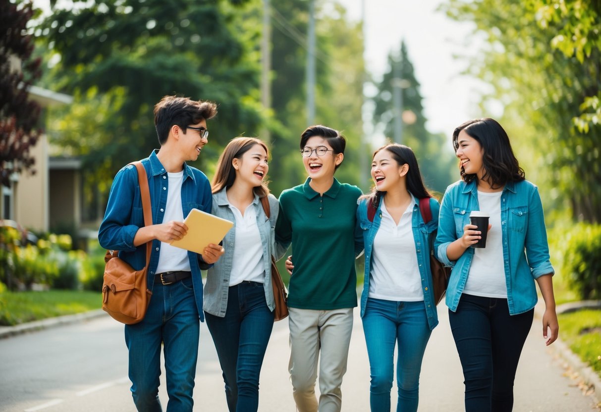 A group of siblings chatting and laughing while taking a short trip through their local community, surrounded by greenery and nature
