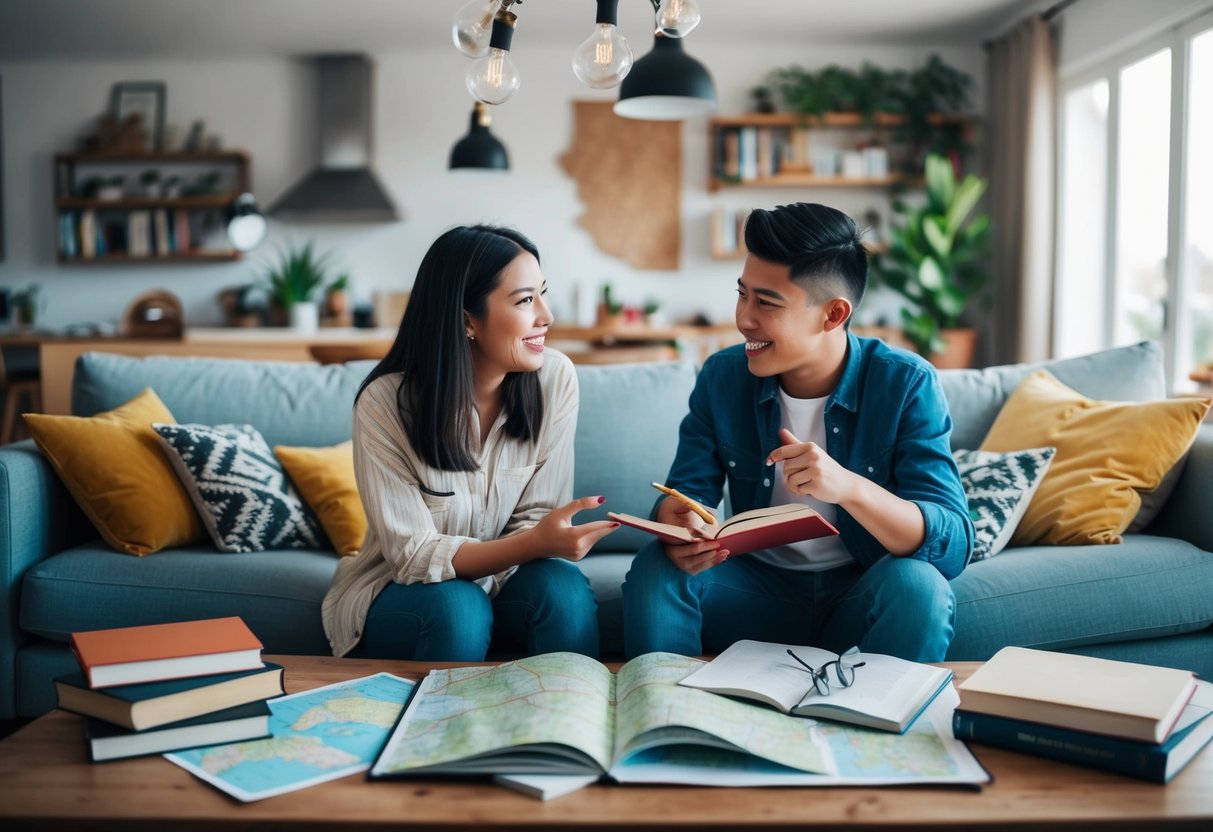 A cozy living room with two siblings chatting and planning a weekend getaway. Books and maps scattered around, creating a sense of excitement and communication