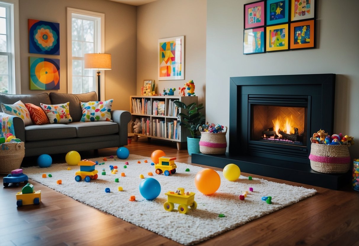 A cozy living room with a warm fireplace, surrounded by colorful artwork and playful toys scattered across the floor