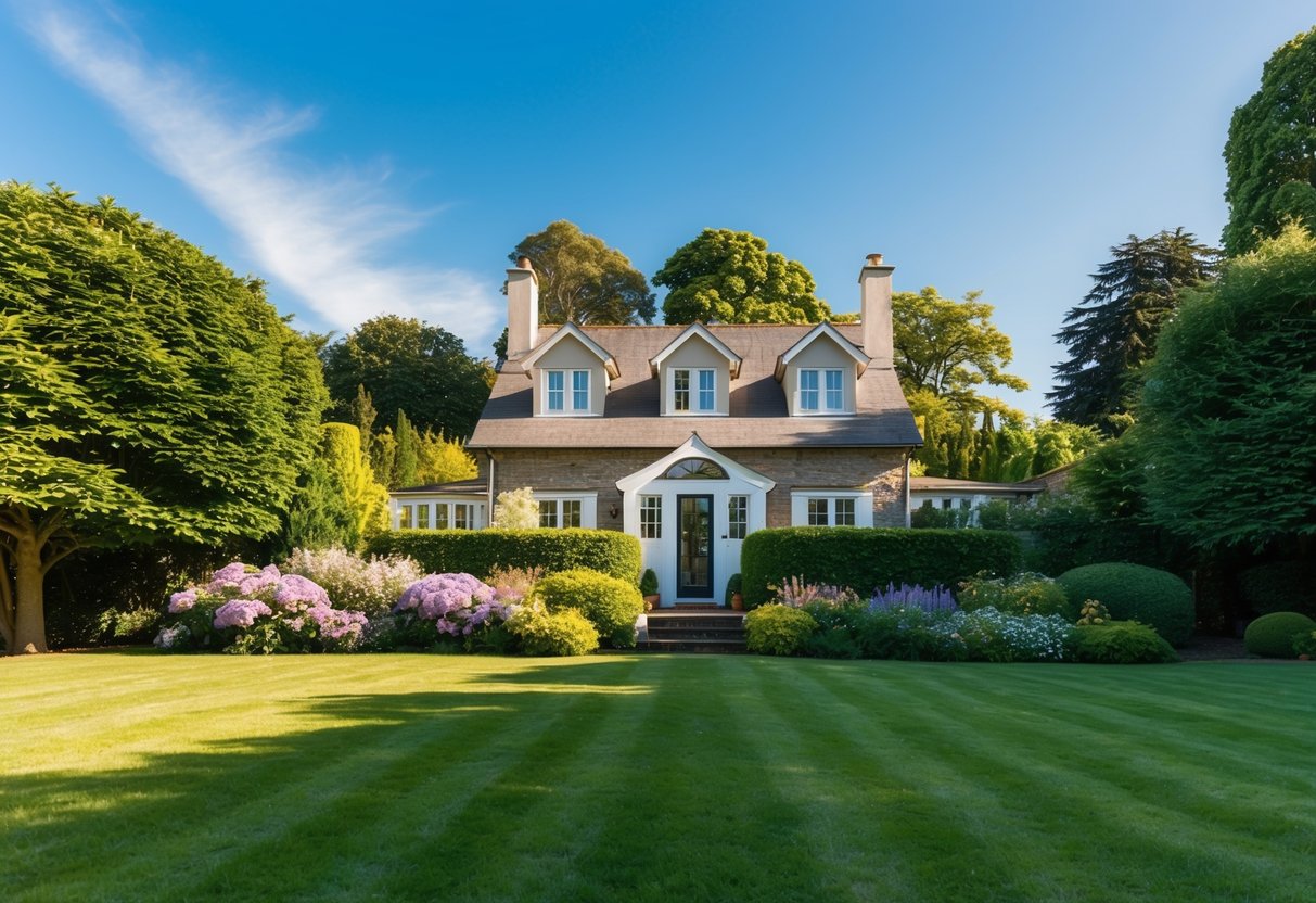 A cozy home with a lush garden, surrounded by tall trees and a clear blue sky
