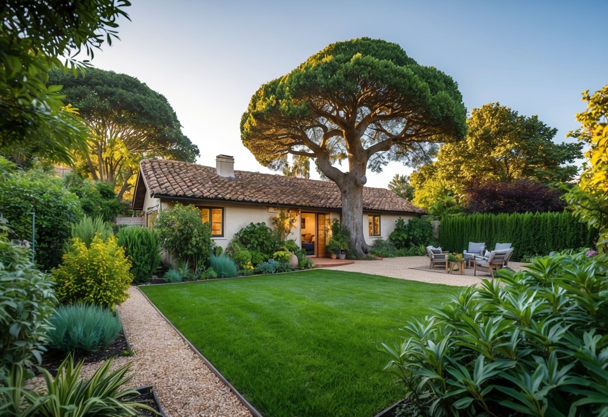 A cozy, rustic home surrounded by a lush garden, with a large family tree standing proudly in the yard, symbolizing deep roots and connection