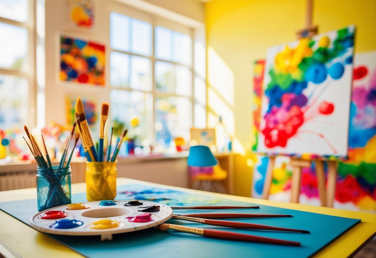 A cozy, sunlit room with a vibrant art studio. A colorful palette, paintbrushes, and a blank canvas await inspiration. A playful, childlike energy fills the space