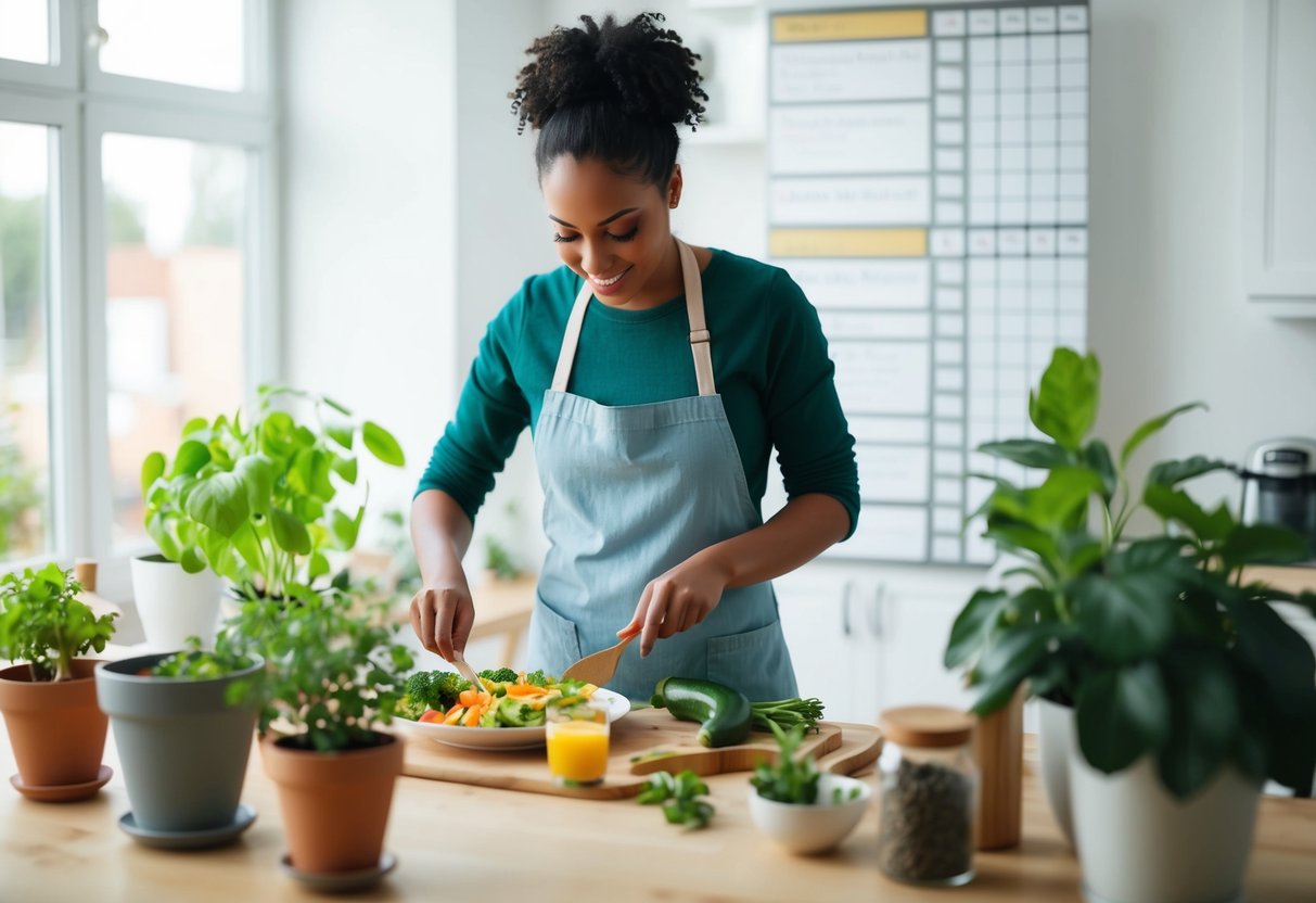 A person preparing a healthy meal while tending to plants and organizing a daily schedule