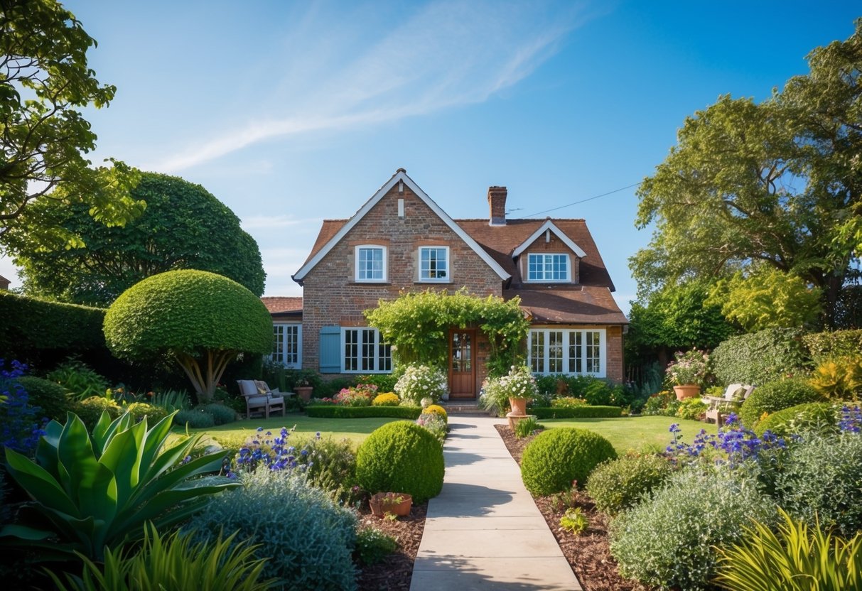 A cozy, welcoming home with a lush garden, surrounded by trees and a clear blue sky, evoking a sense of warmth and connection to family and roots