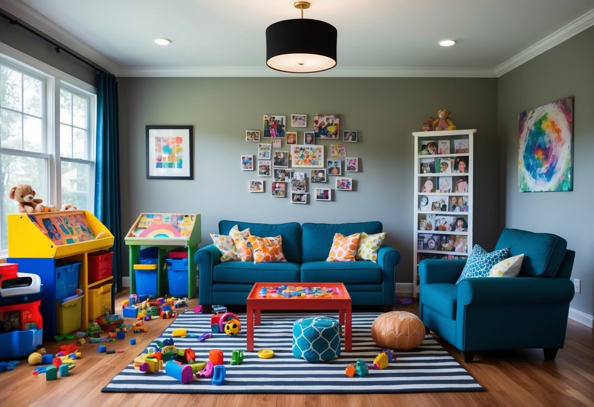 A cozy living room with toys scattered around, a colorful art station, and a family photo wall, representing the joy and creativity of childhood and parenthood in the 5th house of astrology