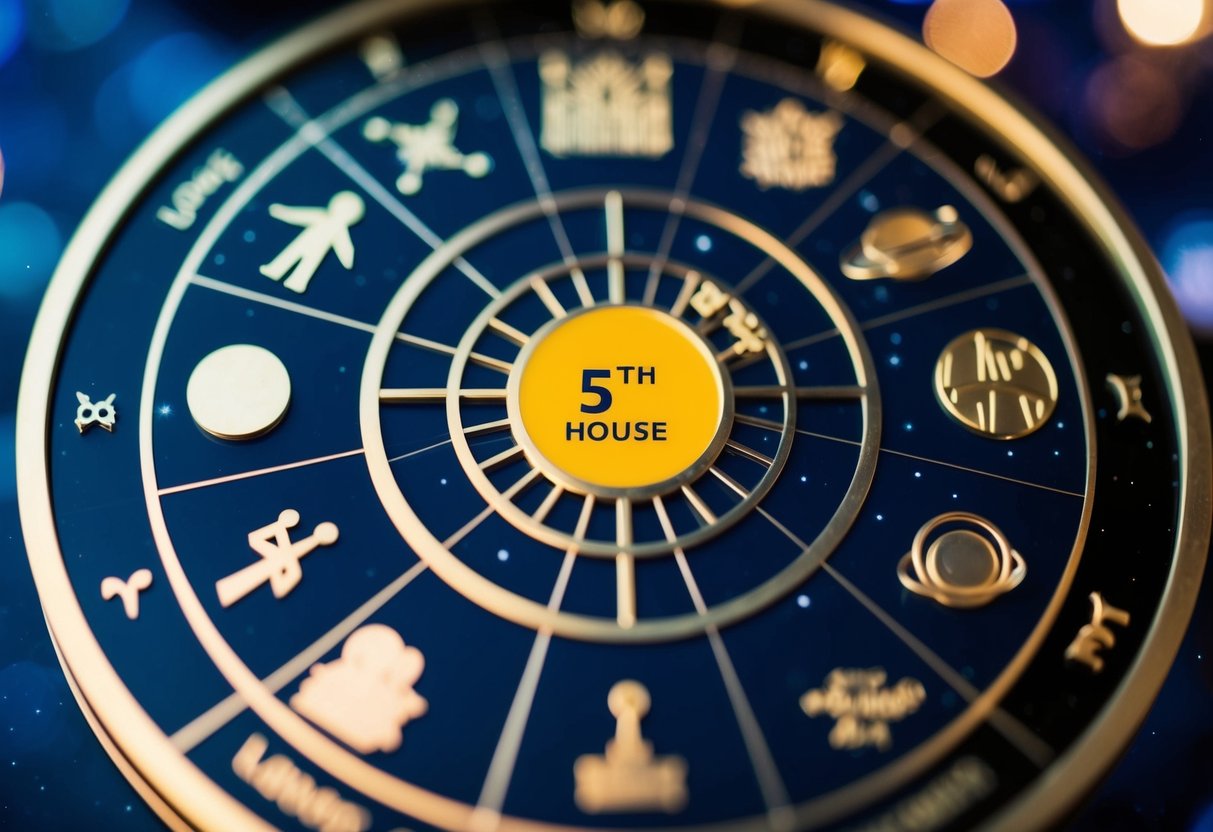 A celestial chart with the 5th house highlighted, surrounded by symbols of love, art, and children, with the planets positioned according to astrological influence