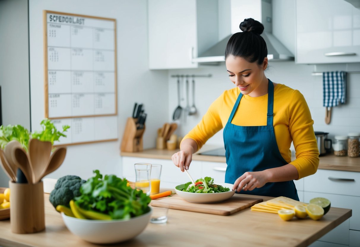 A person preparing a healthy meal in a clean and organized kitchen, with a schedule or to-do list visible on the wall