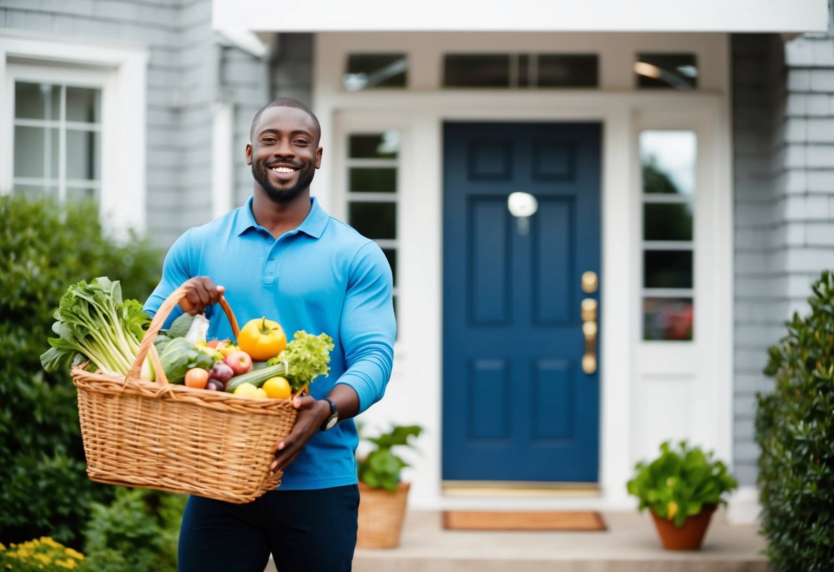 A person delivering groceries to a neighbor's doorstep, with a basket of fresh produce and a smiling expression
