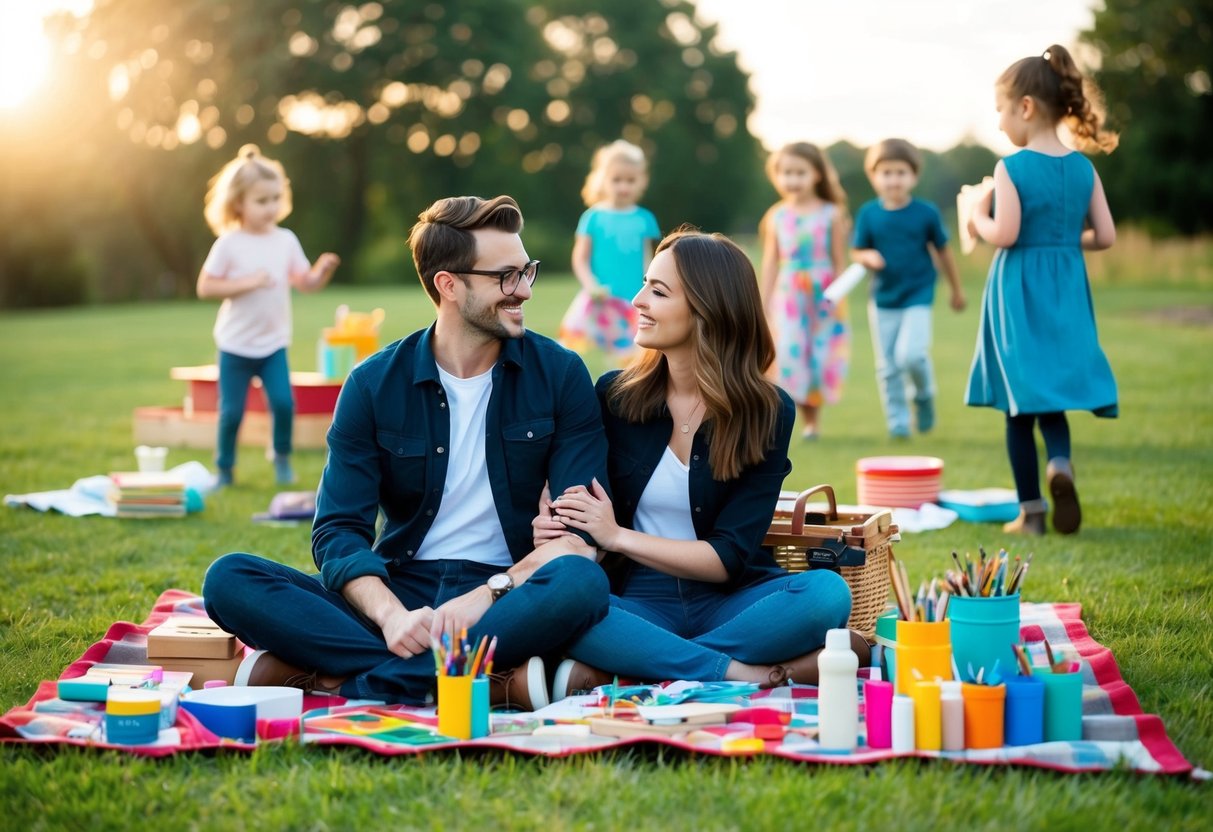 A couple sits on a picnic blanket surrounded by art supplies, while children play in the background. A sense of romance and creativity fills the air