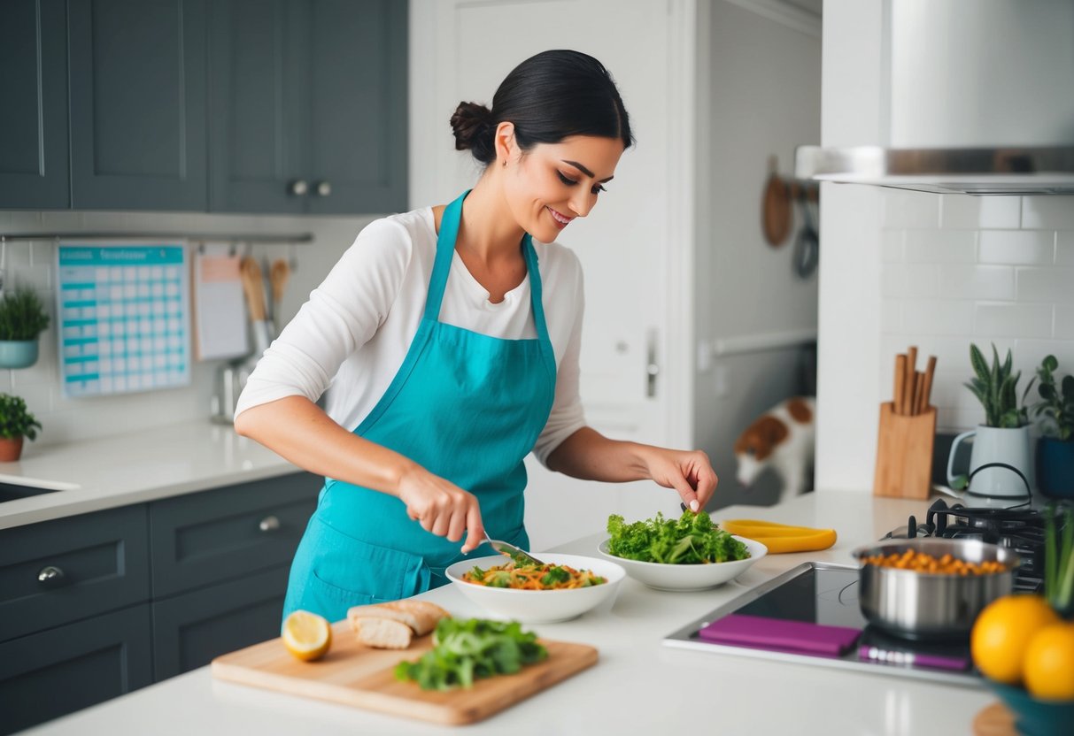 A person preparing a healthy meal in a tidy kitchen, with a schedule or planner visible, and perhaps a pet being fed or walked