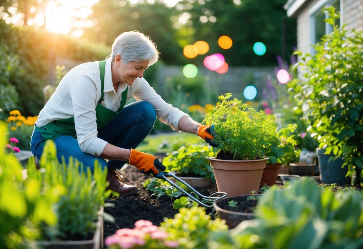 A person tending to a garden, juggling various tasks while maintaining a sense of order and routine