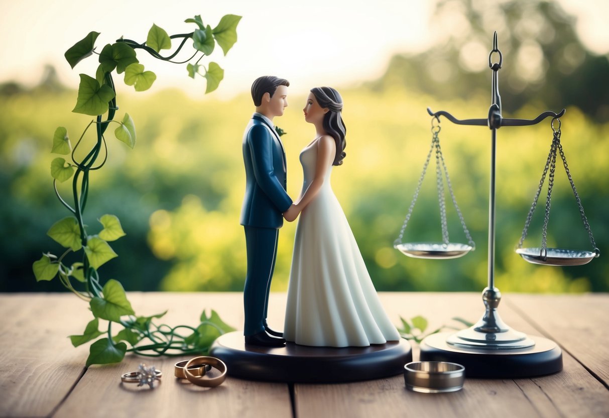 A couple stands facing each other, surrounded by symbols of partnership and marriage, such as wedding rings, intertwined vines, and a balanced scale