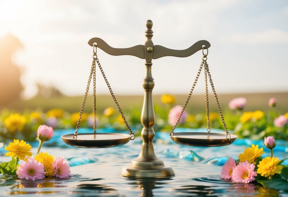 A serene setting with two equal-sized scales surrounded by blooming flowers and flowing water, symbolizing the balance and harmony of partnerships and one-on-one relationships