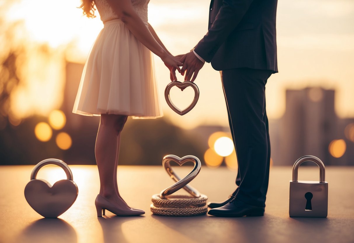 A couple stands facing each other, surrounded by symbols of partnership and unity, such as intertwined rings and a heart-shaped lock. The setting is filled with warm, romantic colors and soft lighting