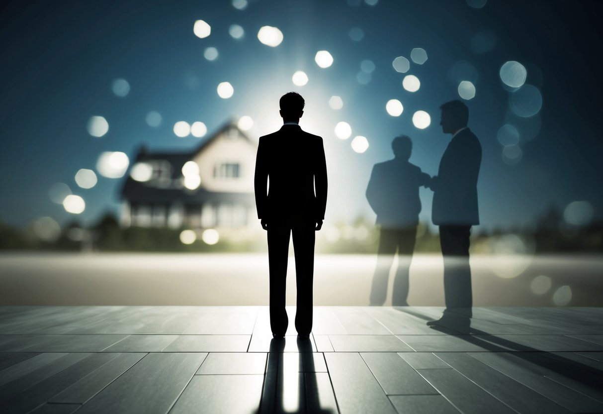 A figure stands facing their own shadow, with the reflection of a house and a partner visible in the background