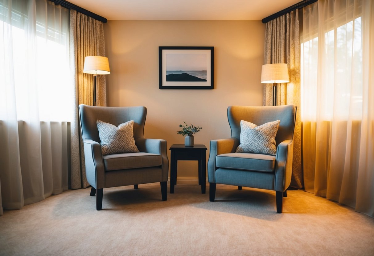 A cozy living room with two chairs facing each other, surrounded by soft lighting and warm colors. A small table sits between the chairs, symbolizing the dynamics of partnerships and one-on-one relationships