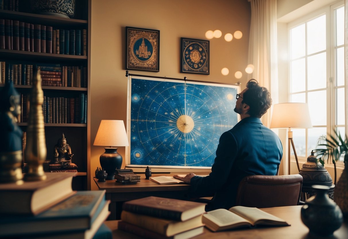 A traveler gazes at a celestial map, surrounded by books and artifacts from different cultures. The room is bathed in soft, golden light, evoking a sense of wisdom and exploration
