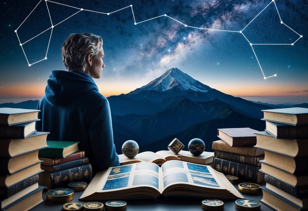 A figure gazes at a distant mountain peak, surrounded by books, maps, and symbols of various cultures. The sky is filled with stars and constellations, hinting at the vastness of the universe