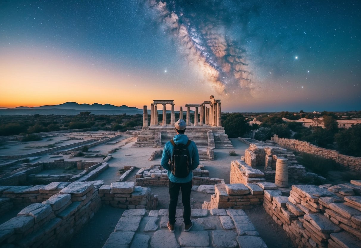 A traveler gazes at ancient ruins under a starry sky, surrounded by diverse landscapes and symbols of different worldviews