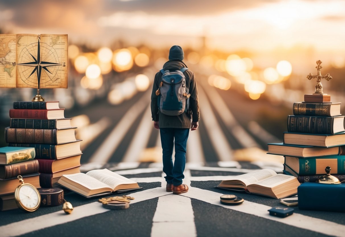 A traveler standing at a crossroads, surrounded by books, maps, and symbols of different cultures, pondering the path ahead