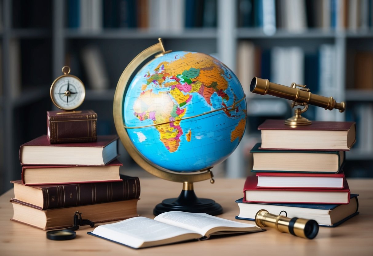 A globe surrounded by books, a compass, and a telescope, symbolizing higher learning, travel, and philosophy